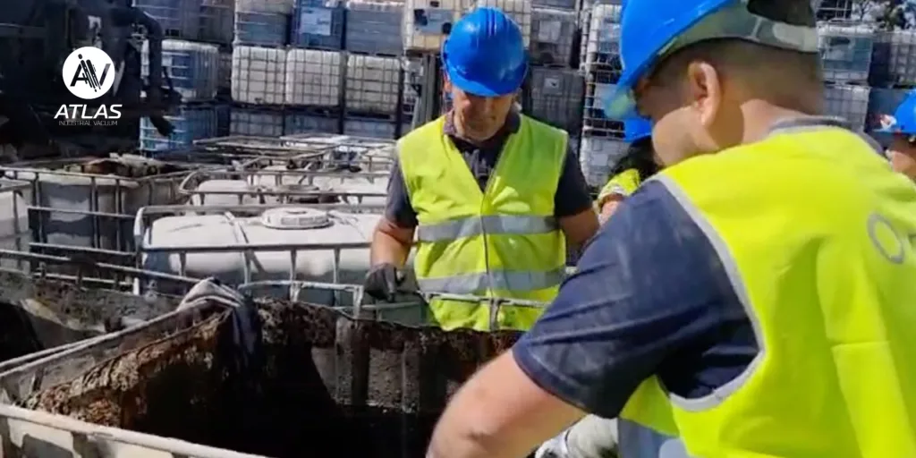 Industrial workers operating continuous vacuum systems in a plant environment