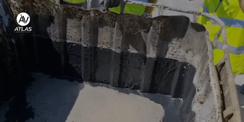 Workers handle thick sludge inside a heavy-duty vacuum container during refinery cleanup.