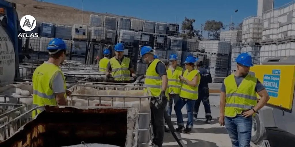 Workers using an industrial vacuum system to remove heavy sludge from a containment bin during a plant cleanup.
